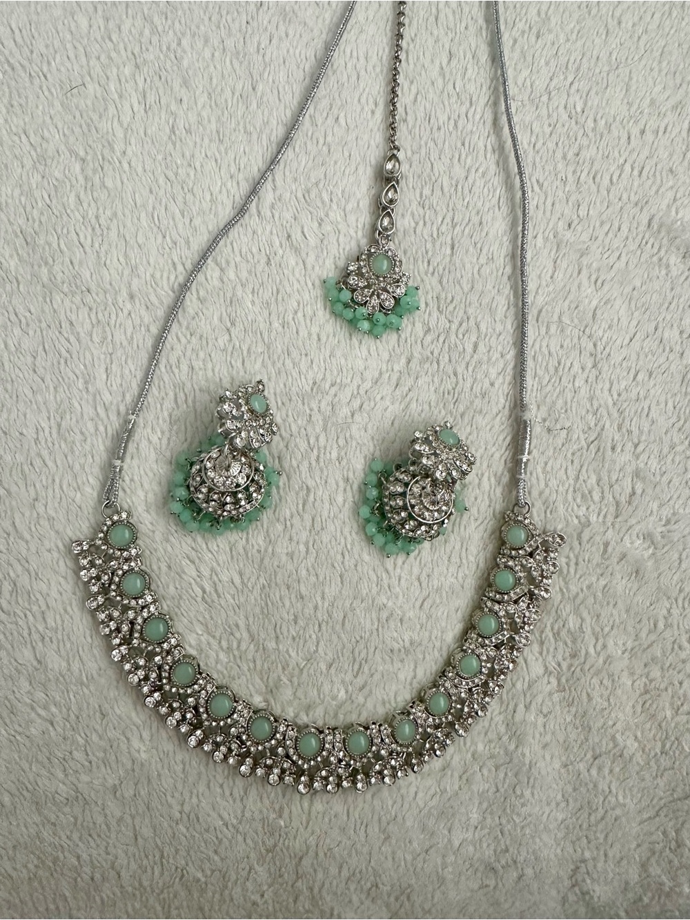 Silver & Mint Green Crystal Indian Necklace Set - Women Jewelry